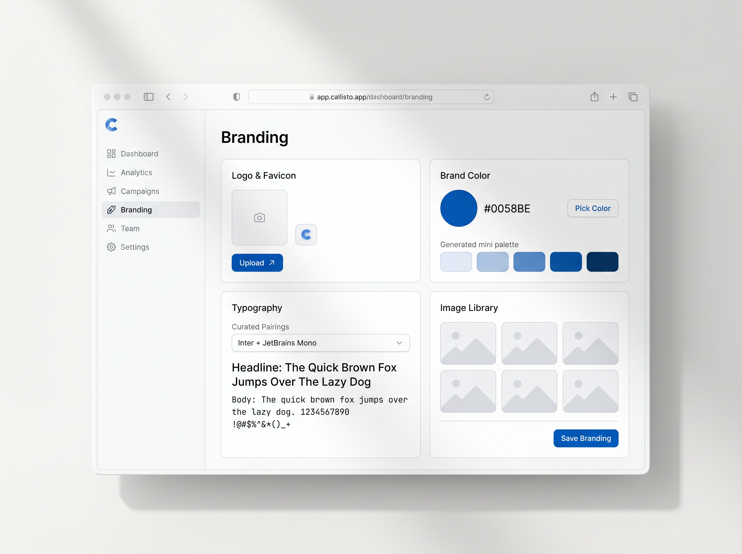 Branding configuration page with logo, color picker, typography, and image library.