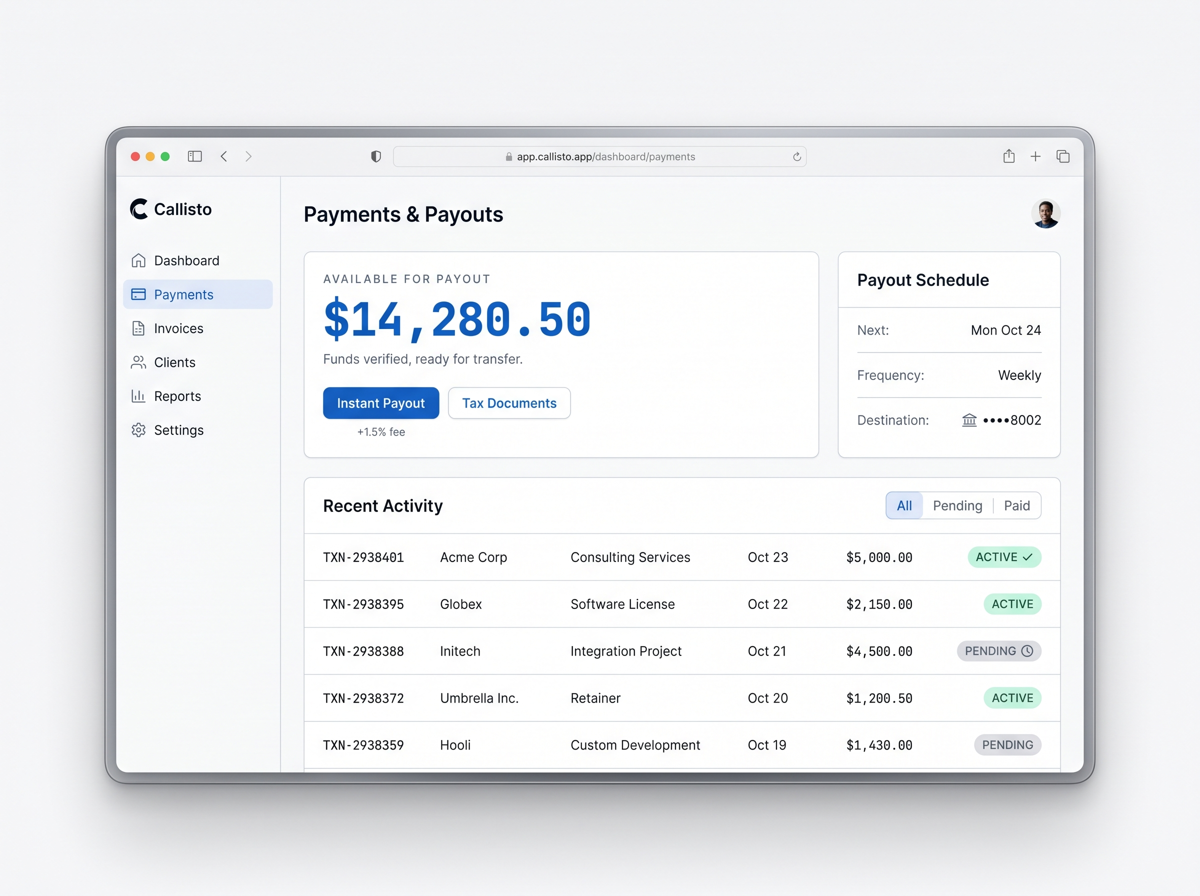 Payments dashboard showing payout balance and recent activity.